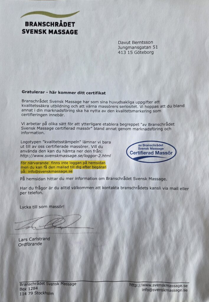 Branschrådet Svensk Massage certifikat