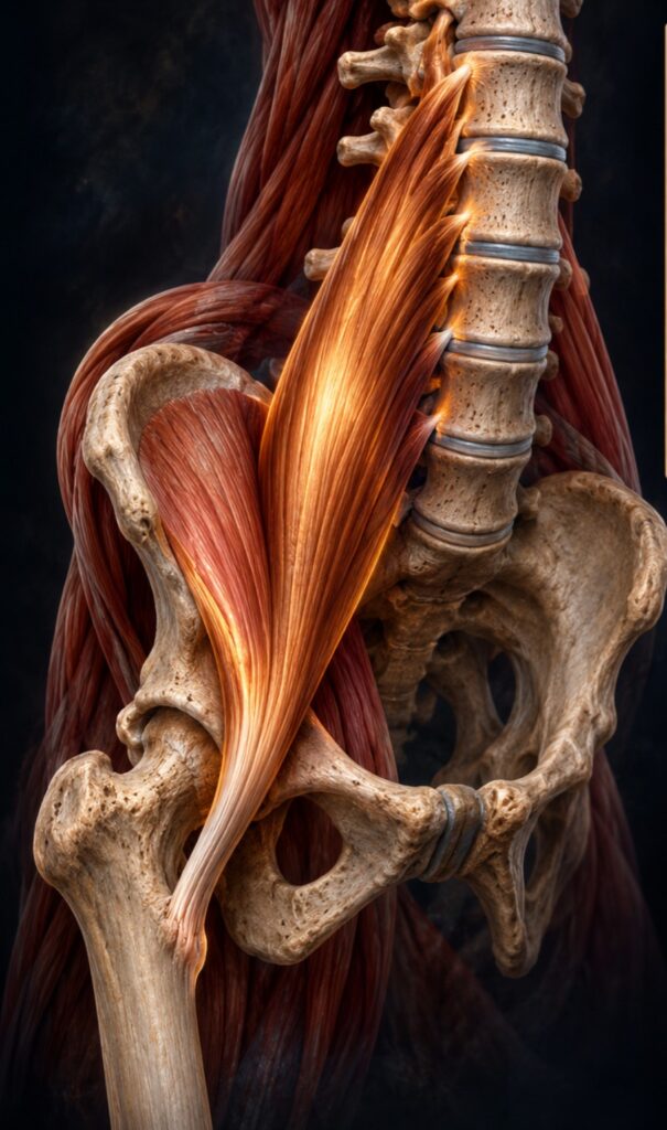 Anatomisk illustration av psoas major och iliacus som tillsammans bildar iliopsoas, kroppens djupa höftböjare. Bilden visar psoasmuskeln från ländryggen, iliacus i fossa iliaca på bäckenets insida och hur musklerna förenas vid höften och fortsätter mot sitt gemensamma fäste på trochanter minor på lårbenet.