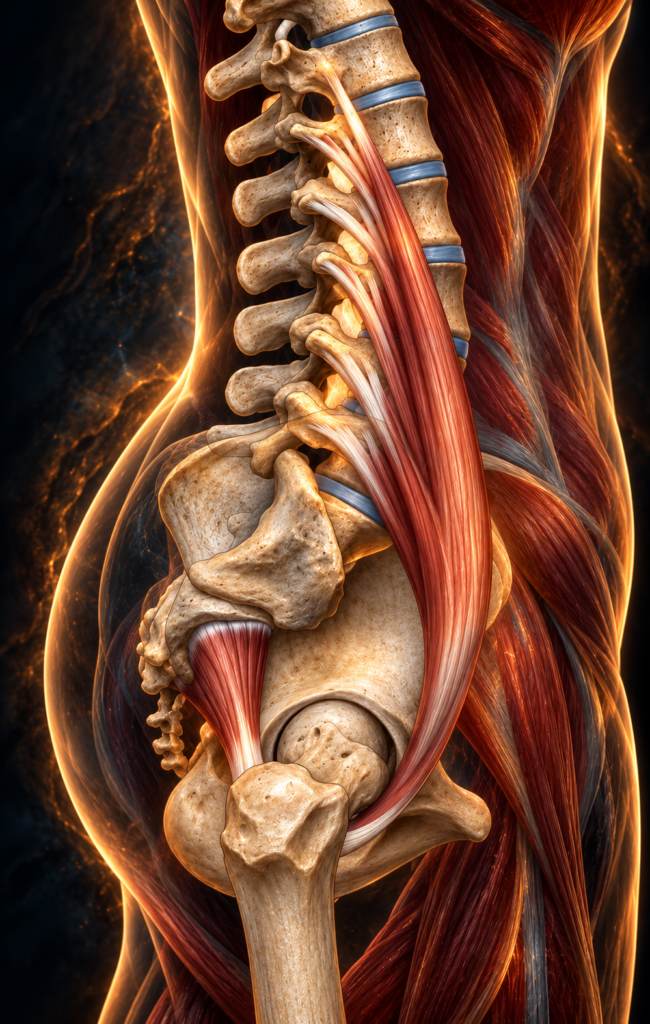 Detaljerad anatomisk illustration av psoas major från sidan med ländrygg, ländkotor och bäcken. Bilden visar psoasmuskeln och dess djupa fästen längs ländryggen, bland annat mot kotkroppar, diskar och transversalutskotten på ländkotorna L1-L5.