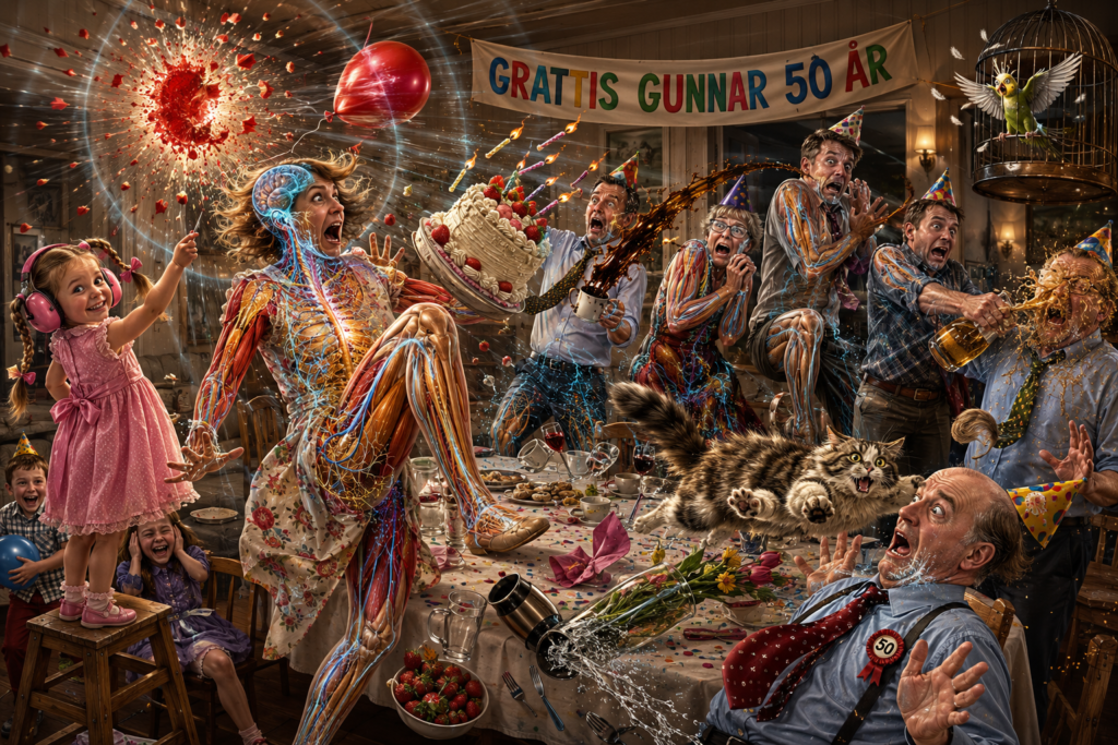 Humoristisk anatomisk illustration av psoasmuskeln och startle-effekten, kroppens reflexmässiga reaktion på ett plötsligt ljud. En flicka smäller en ballong på Gunnars 50-årskalas och utlöser en kraftig startle-reflex där hela familjen rycker till. Genom de vuxnas kroppar syns psoas major, iliacus, quadriceps, bukmuskler, skelett och lysande nervbanor som visar hur nervsystemet snabbt aktiverar flera muskler samtidigt vid stress och en plötslig skrämselreaktion. Tårta, kaffe, öl, blommor och en vettskrämd katt flyger samtidigt genom luften i fullständigt födelsedagskaos.