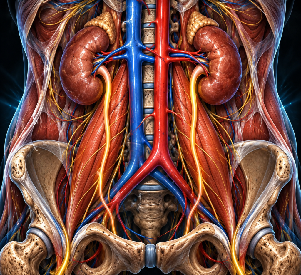 Detaljerad anatomisk illustration av psoas major djupt i buken vid ländryggen och bäckenet, med njurar, urinledare, bukaorta och vena cava inferior. Bilden visar psoasmusklernas djupa läge bakom njurarna, hur urinledarna löper ned framför psoas samt de stora blodkärlens nära relation till ländryggen och psoasområdet.