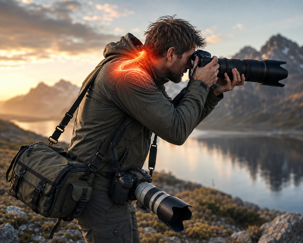 Naturfotograf står framåtlutad vid en fjällsjö och fotograferar med en tung systemkamera och ett långt teleobjektiv. Han håller huvudet och nacken framåtskjutna och axlarna uppdragna medan han tittar genom kamerans sökare. Över ena axeln hänger en tung kameraväska och framför kroppen ytterligare en systemkamera med stort objektiv. Övre trapezius på nacke och axlar är markerad med ett rött anatomiskt sken för att illustrera den statiska och ensidiga belastningen.