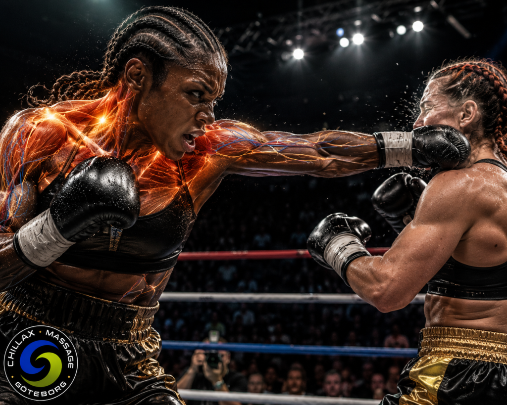Två kvinnliga boxare möts i en intensiv boxningsmatch där den ena boxaren sträcker ut en rak vänsterjab mot motståndaren. Övre trapezius, nacke, axel och arm är anatomiskt markerade med glödande muskelfibrer, nerver och blodkärl för att illustrera hur trapezius och skulderpartiet arbetar vid upprepade slag, hög gard, stabilisering och explosiva rörelser inom boxning. Bilden visar hur tusentals repetitiva jabbar och långvarig kampsportsträning kan bidra till ensidig belastning, muskelspänningar och överbelastning i trapezius, nacke och axlar.