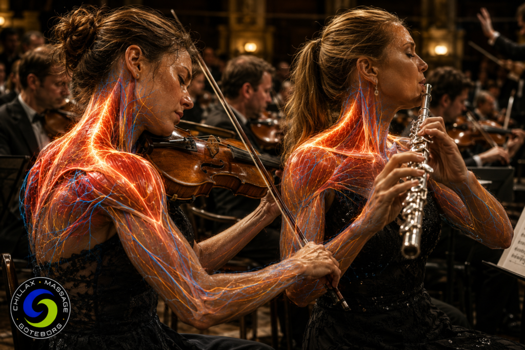 Anatomisk illustration av två kvinnliga orkestermusiker, en violinist och en tvärflöjtist, där nackens, axlarnas och armarnas muskulatur visualiseras med intensivt glödande orange muskelfibrer och blå nervbanor. Trapezius och omkringliggande muskler framträder tydligt för att illustrera den statiska och repetitiva belastning som kan uppstå när violin respektive tvärflöjt hålls i asymmetriska arbetspositioner under lång tid. Bilden visar sambandet mellan musikers arbetsställning, spända axlar, nackspänningar, trapezius, muskelbelastning och nervsystem. I bakgrunden syns övriga musiker i en symfoniorkester.