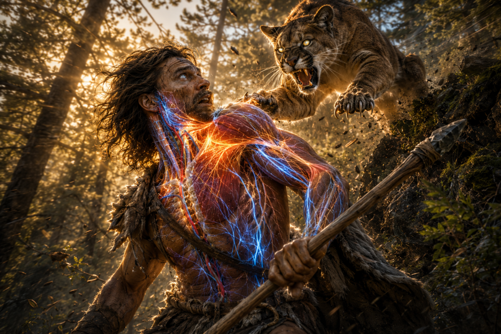 Dramatisk anatomisk illustration av en förhistorisk jägare som överraskas av ett attackerande bergslejon i en skog. Jägarens trapezius, nacke, axlar och överkropp visualiseras genom huden med intensivt glödande orange muskelfibrer och blå nervbanor för att illustrera hur trapezius och nervsystemet aktiveras vid akut stress och kroppens kamp- eller flyktreaktion. Mannen håller ett spjut medan bergslejonet kastar sig mot honom med utsträckta klor och öppen mun. Bilden illustrerar sambandet mellan trapezius, muskelspänning, stress, nervsystem och människans evolutionära fight-or-flight-respons.