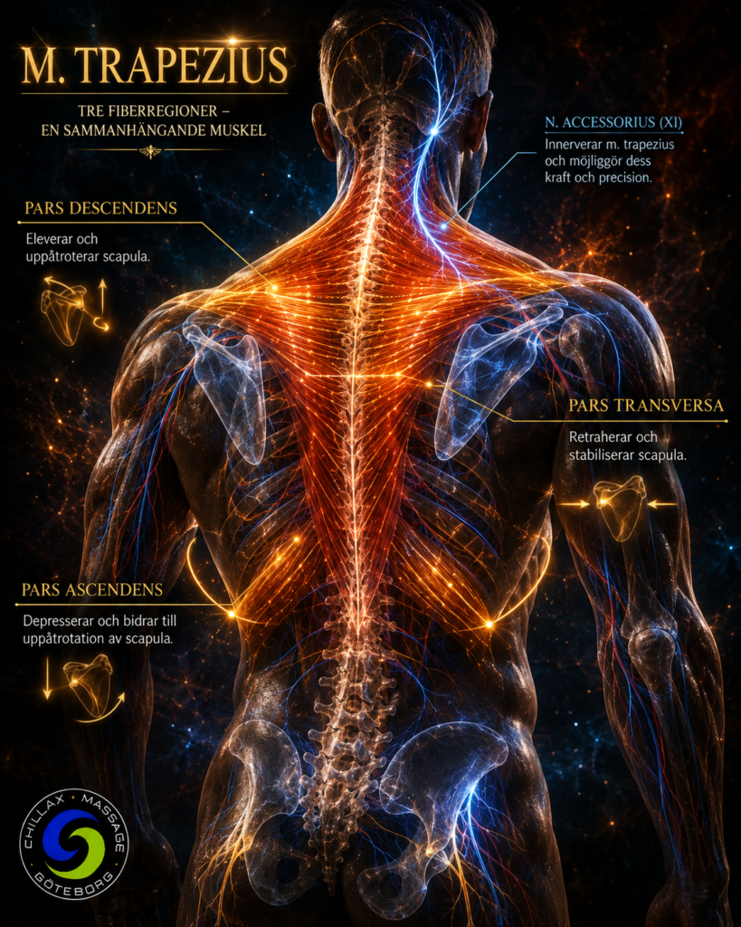 Anatomisk illustration av trapezius bakifrån, där muskeln framträder med intensivt glödande orange muskelfibrer och nerverna i elektriskt blått. De tre fiberregionerna pars descendens, pars transversa och pars ascendens visas tillsammans med deras funktion för skulderbladets rörelser och nervus accessorius (XI), som innerverar trapezius. Skelett, skulderblad, blodkärl och nervbanor syns genom en delvis transparent kropp.