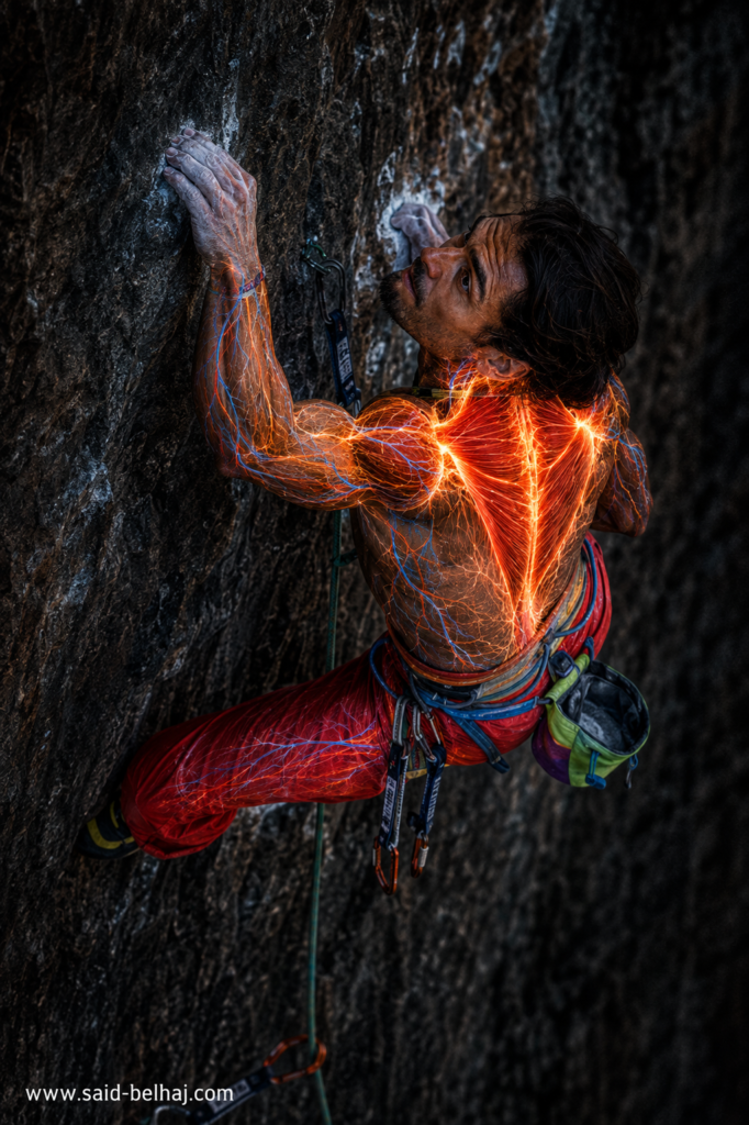 Anatomisk illustration av den professionella friklättraren Said Belhaj under avancerad klättring på en brant klippvägg. Trapezius, nacke, axlar, armar och överkropp visualiseras med intensivt glödande orange muskelfibrer och blå nervbanor för att illustrera den kraftiga aktiveringen av trapezius och skuldermuskulaturen vid klättring. Bilden visar hur nacke, skulderblad, axlar, armar och grepp arbetar tillsammans för styrka, stabilitet och kroppskontroll hos en professionell klättrare.