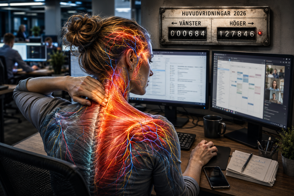 Kontorsarbetande kvinna med två datorskärmar vrider huvudet åt höger mot den sekundära skärmen samtidigt som höger hand använder datormusen och vänster hand masserar den spända högra sidan av nacke och trapezius. Anatomisk visualisering visar kraftigt glödande höger trapezius med muskelfibrer, nerver och blodkärl samt aktivitet som strålar upp genom nacken mot bakhuvud och tinning, medan vänster sida är betydligt mindre aktiv. En mekanisk räknare ovanför skärmarna illustrerar den stora skillnaden mellan upprepade huvudvridningar åt höger och vänster under kontorsarbete. Bilden illustrerar ensidig belastning, spänd trapezius, nacksmärta, kontorsnacke och ergonomiska problem vid långvarigt datorarbete med dubbla bildskärmar.