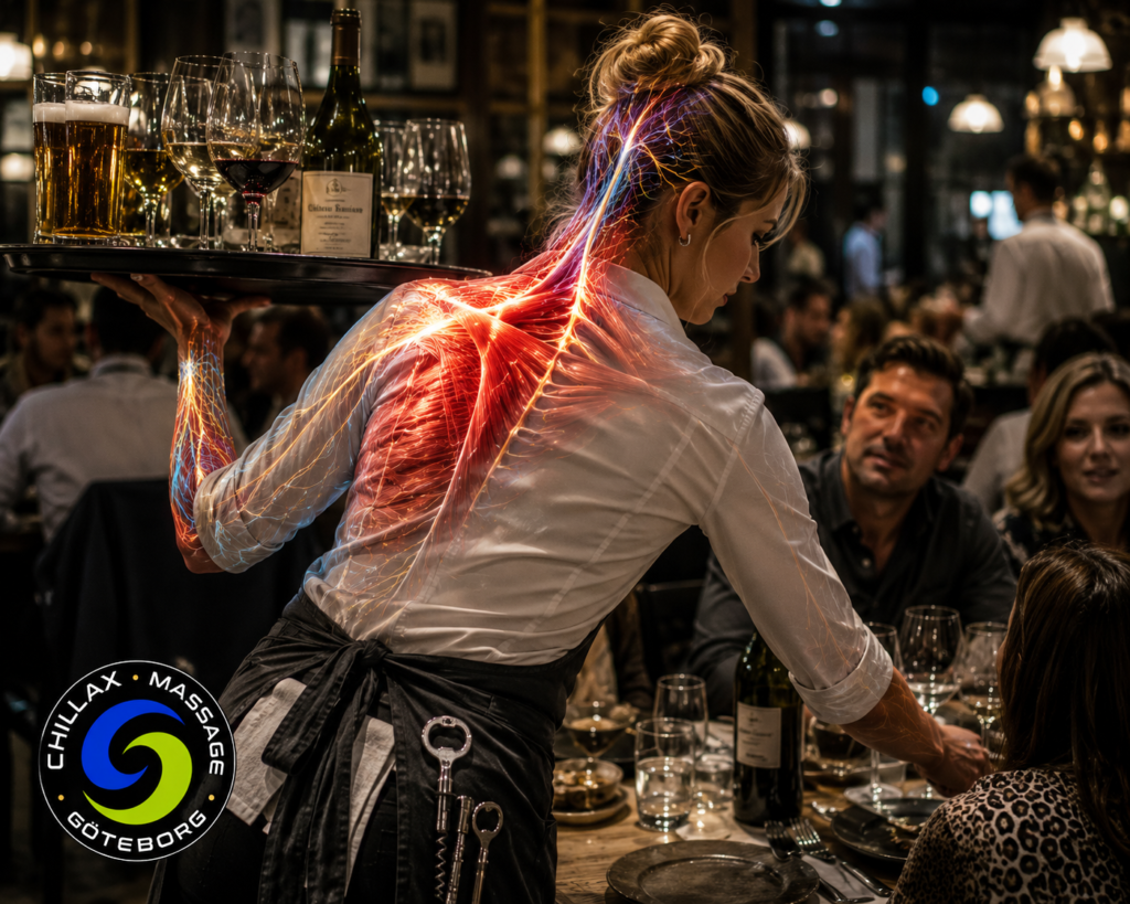 Servitris på restaurang bär en tung bricka med öl, vinflaskor och vinglas, med anatomisk visualisering av muskler och nerver i nacke, axlar, skuldror, trapezius, övre rygg och arm. Bilden illustrerar ensidig belastning och repetitivt serveringsarbete som kan bidra till spända axlar, nacksmärta, muskelspänningar, tennisarmbåge, karpaltunnelsyndrom, överbelastning och belastningsskador hos restaurangpersonal, samt betydelsen av ergonomi, massage och variation i arbetsställning.