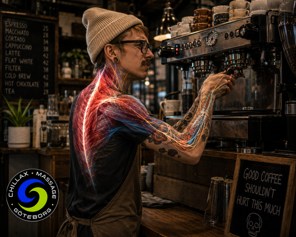 **ALT-tag:** Manlig barista arbetar vid en högt placerad espressomaskin och greppar portafiltret underifrån med armen lyft och axeln eleverad. Anatomisk illustration visar överbelastning i trapezius, nacke, skuldra, överarm och underarm med glödande muskelfibrer och aktiva nerver. Bilden illustrerar hur repetitiva arbetsrörelser, statisk belastning och bristande ergonomi inom café- och restaurangarbete kan bidra till spända axlar, nacksmärta, triggerpunkter, muskelspänningar, handledsbesvär och belastningsskador hos baristor.