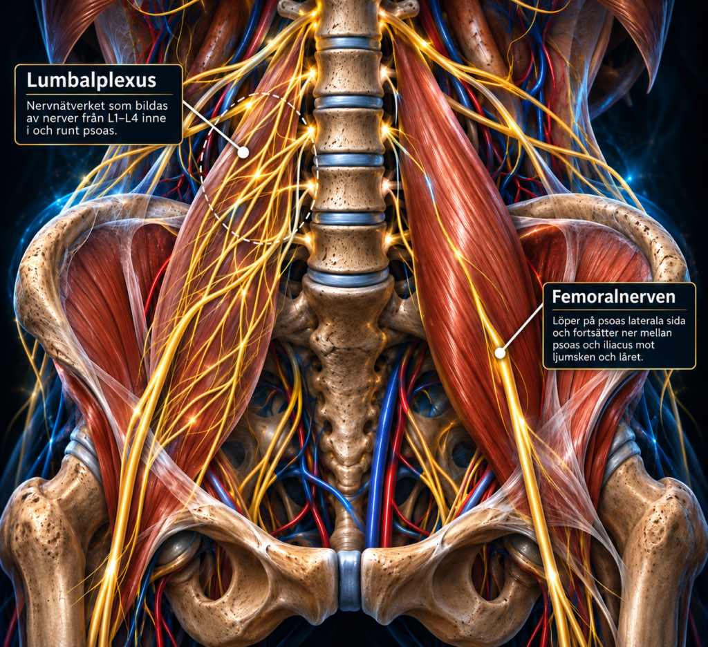Detaljerad anatomisk illustration av psoas major och lumbalplexus vid ländryggen och bäckenet. Ena psoasmuskeln är delvis genomskinlig för att visa lumbalplexus och nervbanorna djupt i relation till psoas, medan femoralnerven syns längs muskelns utsida och fortsätter ned mellan psoas och iliacus mot ljumsken och låret.
