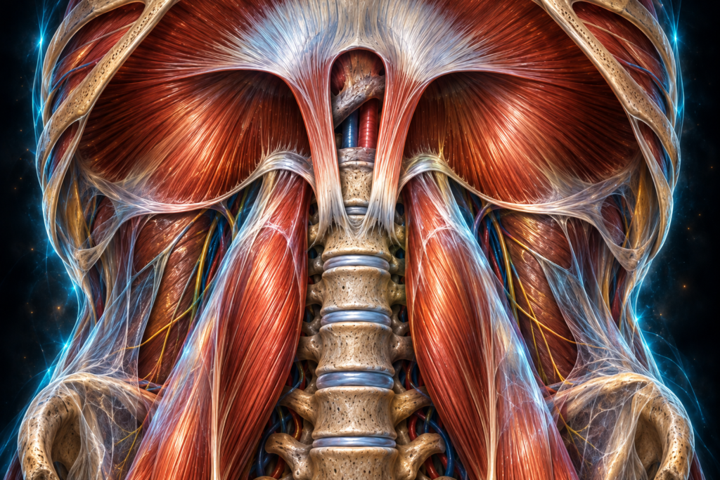 Anatomisk illustration av psoas major och diafragma vid ländryggen, sedd djupt inifrån bålen. Bilden visar psoasmusklerna på båda sidor om ländkotorna, diafragmans muskelfibrer och crura, seniga bågar över psoas samt omgivande fascia, nerver och blodkärl.