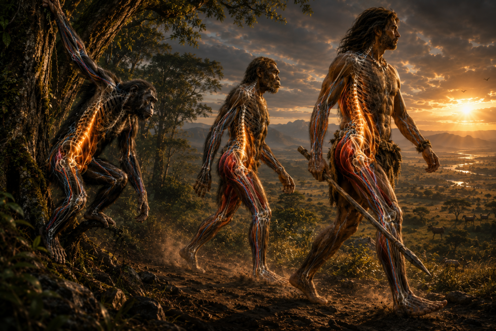 Då skulle jag göra den lite rikare:

**Alt-text:**
`Evolution från en trädlevande, klättrande primat till en upprätt tvåbent jägare-samlare i rörelse. Genom halvtransparenta kroppar syns psoas major och iliacus tydligt i guld och koppar, tillsammans med bäcken, ryggrad, benmuskler och elektriskt skimrande nervbanor. Bilden illustrerar övergången från klättring och kraftig höftflexion till tvåbent gång. I bakgrunden breder ett storslaget urtida landskap ut sig med höga berg, djupa skogar, floddalar och dramatiskt solljus genom molnen.`

