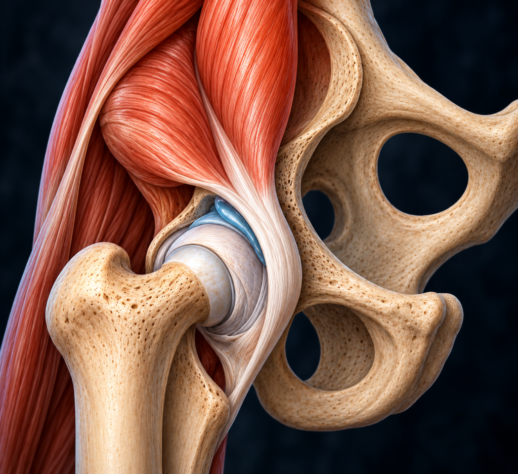 Detaljerad anatomisk illustration av iliopsoas framför höftleden med psoas major, iliacus, iliopsoassenan, höftledskapseln och iliopsoasbursan. Bilden visar hur höftböjaren iliopsoas passerar framför höftleden på väg mot sitt fäste på trochanter minor på lårbenet.