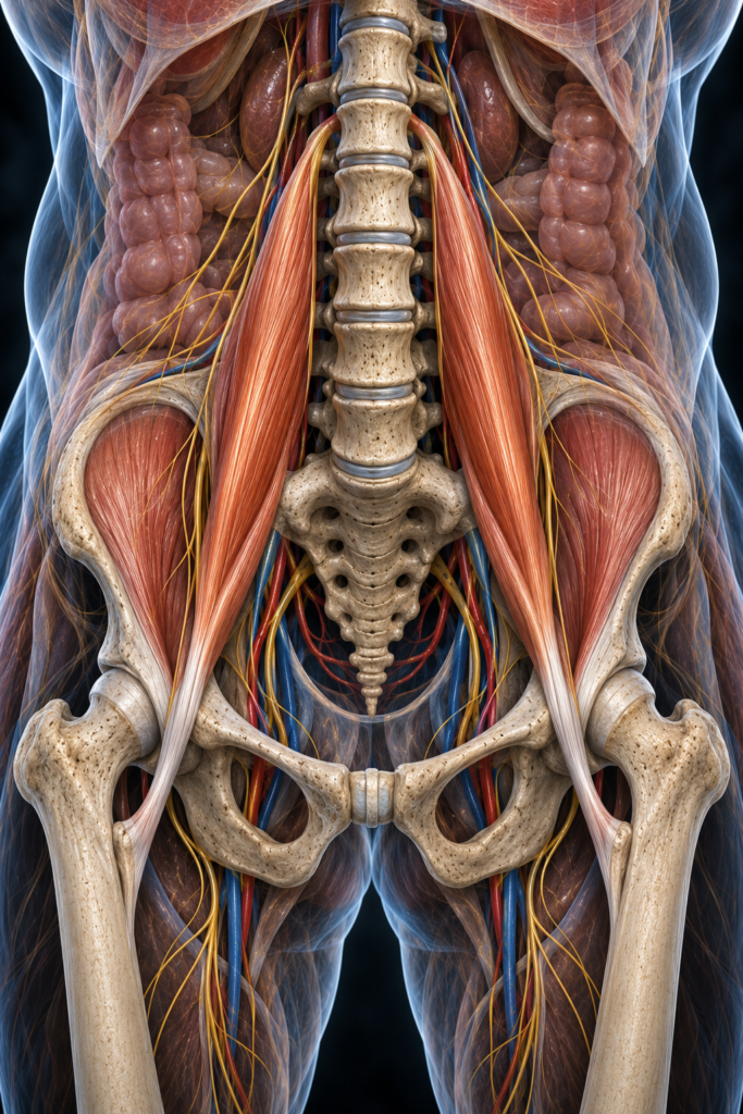 Detaljerad anatomisk illustration av psoasmuskeln som visar psoas major och iliacus djupt i kroppen tillsammans med ländrygg, bäcken, höftleder, femur, nerver och blodkärl. Psoas löper från ländryggen genom bäckenregionen och förenas med iliacus till iliopsoas, kroppens djupa höftböjare, som fäster på trochanter minor på lårbenet.
