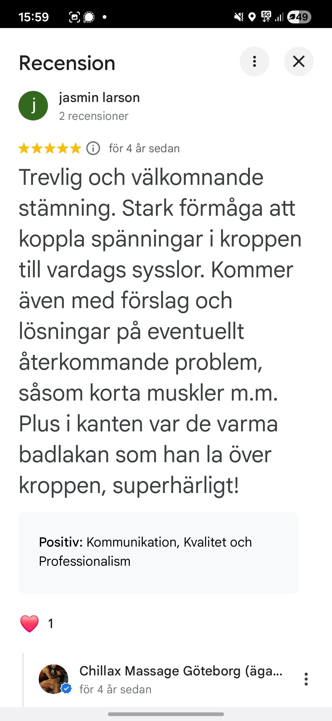 Femstjärnig Google-recension från Jasmin Larsson om mindre spänningar, vardagslösningar och varma badlakan.