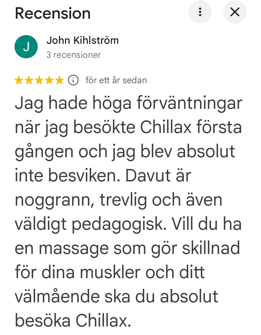 Google-recension av John Kihlström om noggrann och pedagogisk massage.