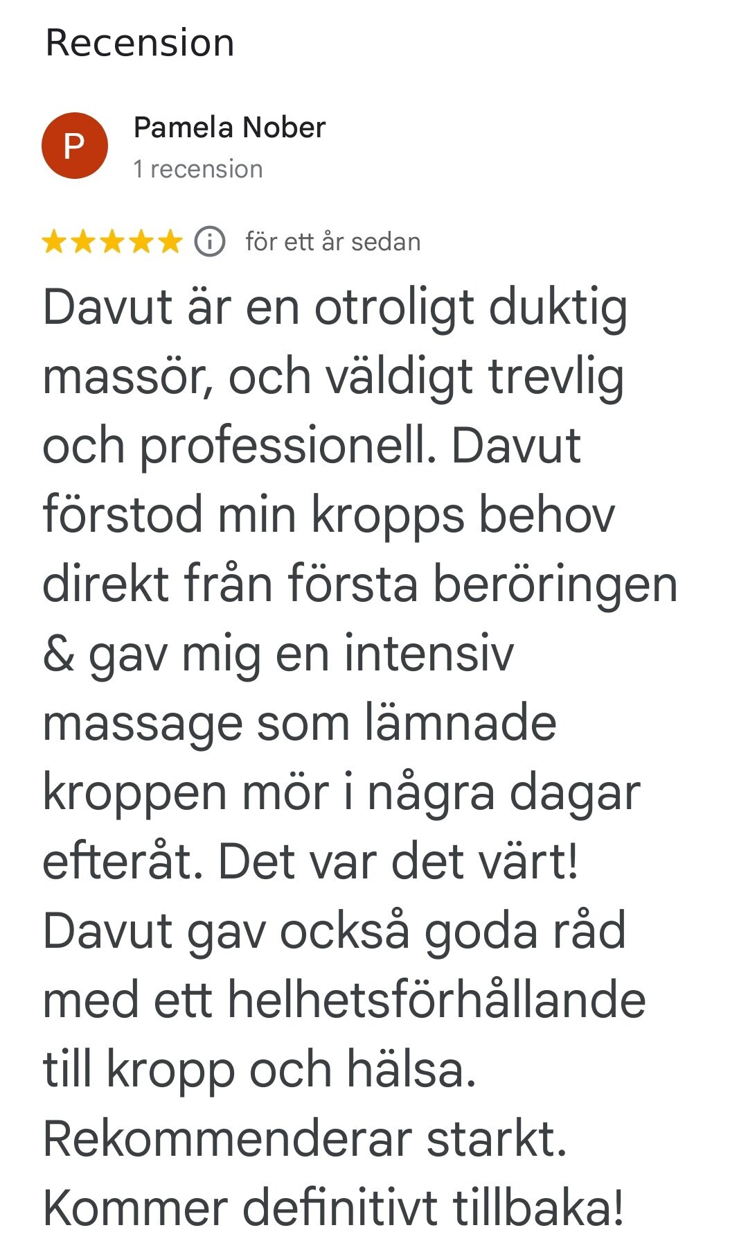 Google-recension av Pamela Nober om intensiv massage och goda råd.