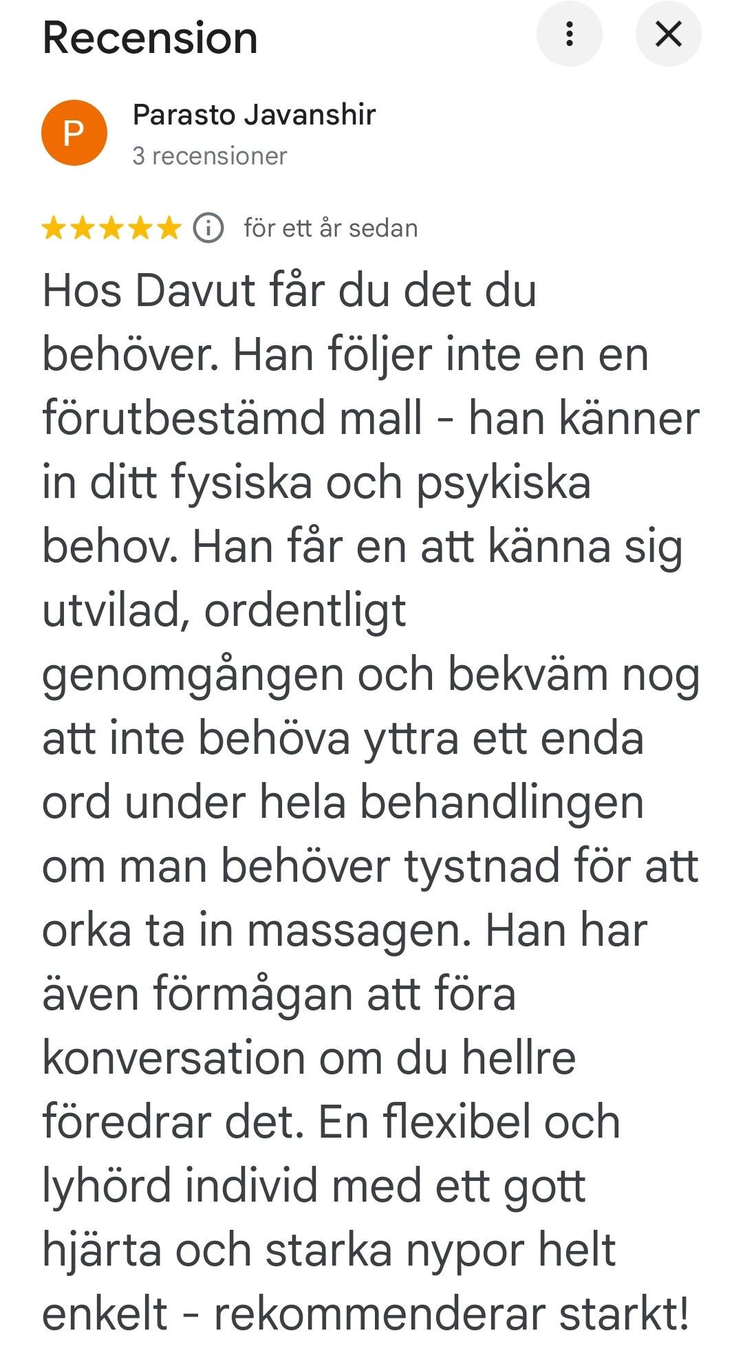 Google-recension av Parasto Javanshir om lyhörd massage och starka nypor.