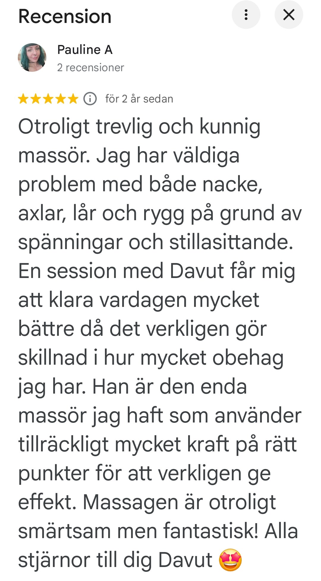 Google-recension av Pauline A om spänningar och obehag efter stillasittande.