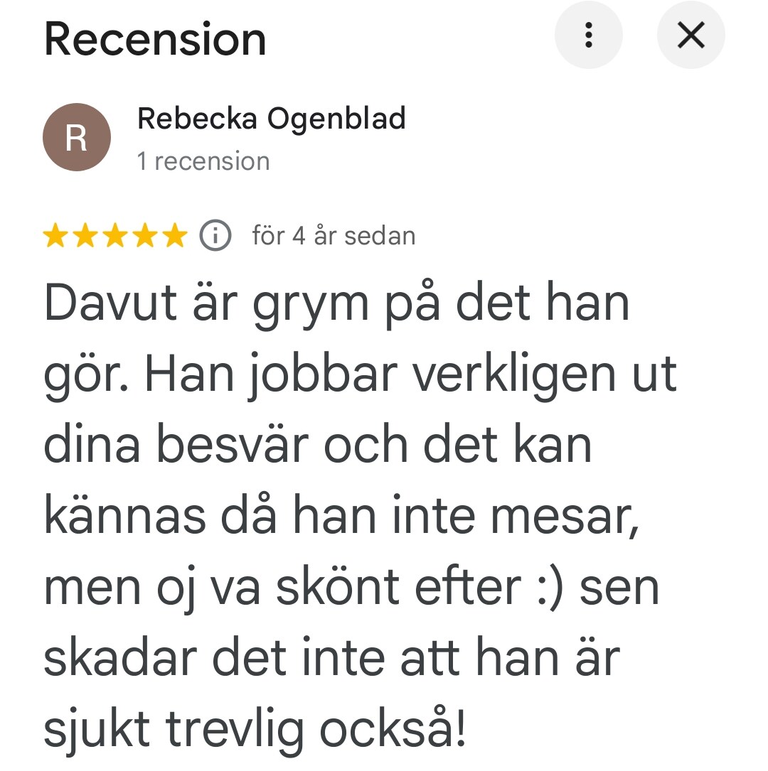 Google-recension av Rebecka Ogenblad om djupgående behandling av besvär.