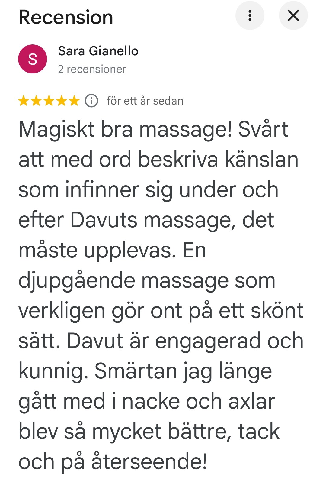 Google-recension av Sara Gianello om lindrad smärta i nacke och axlar.