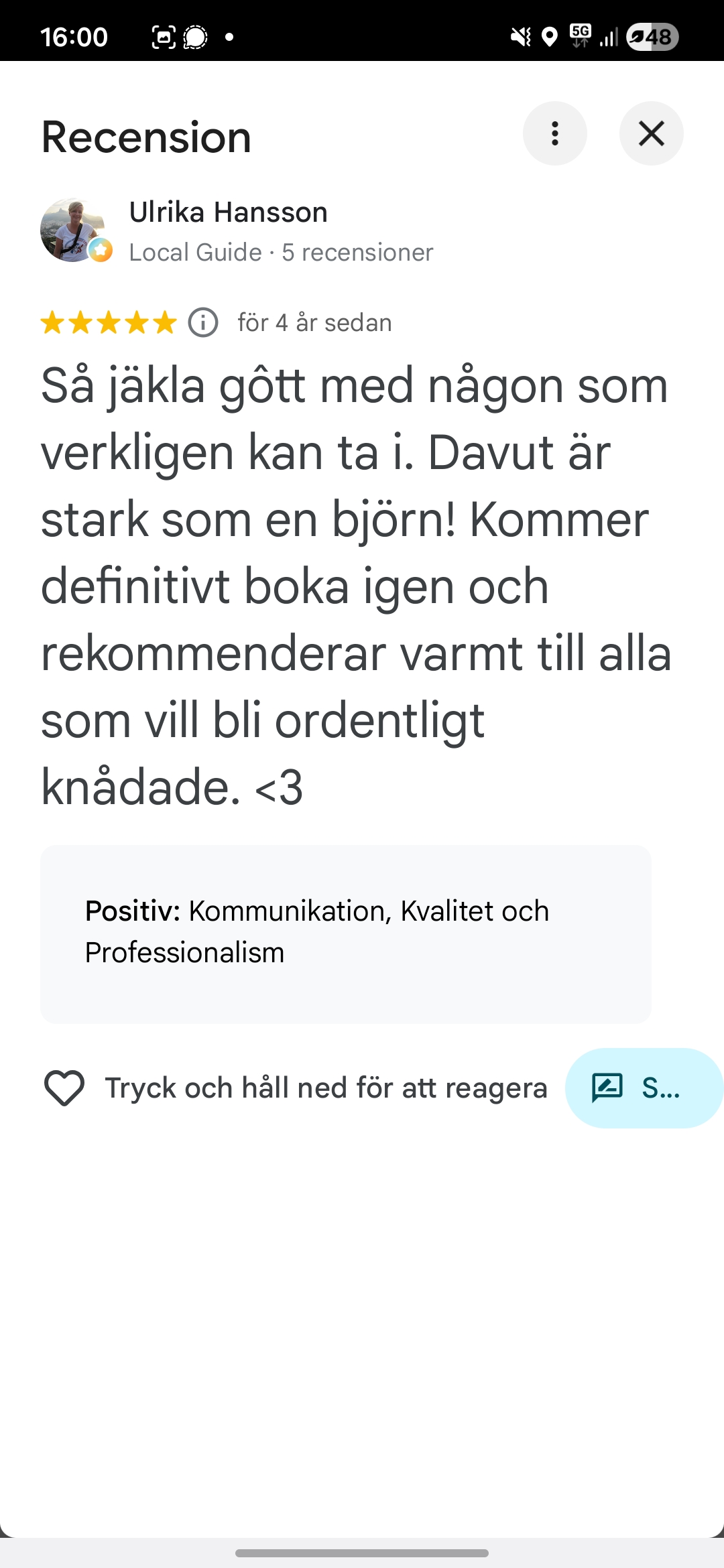 Femstjärnig Google-recension från Ulrika Hansson om kraftfull massage och ordentlig knådning.