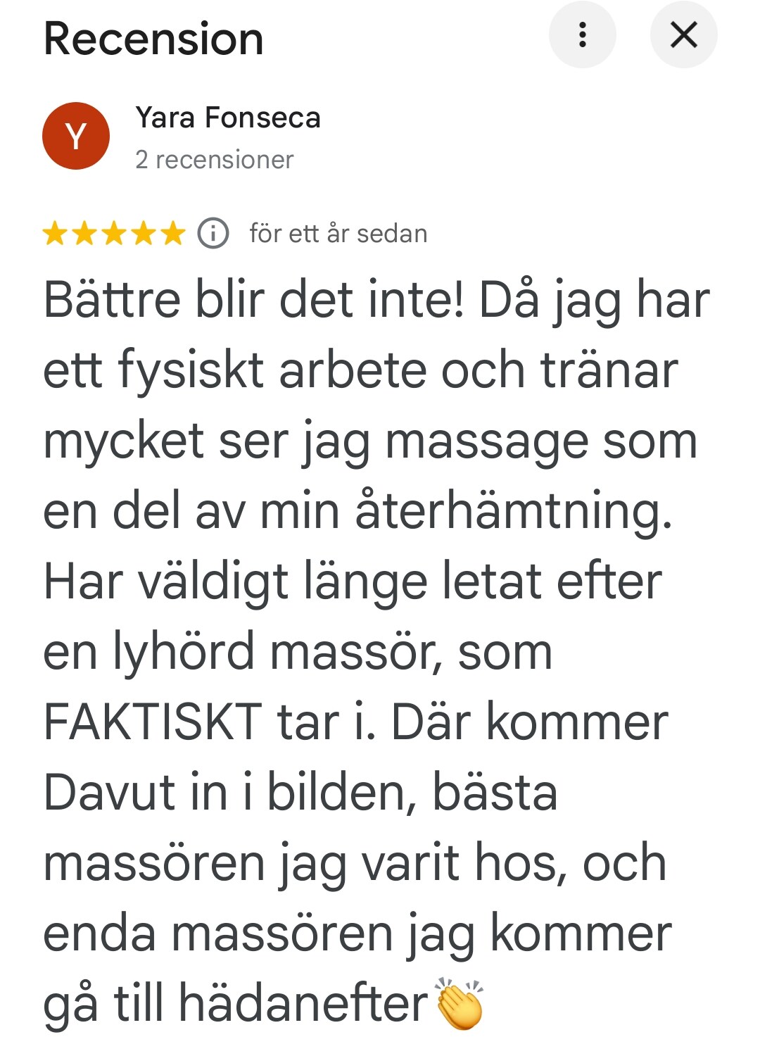 Google-recension av Yara Fonseca om återhämtning efter träning och fysiskt arbete.