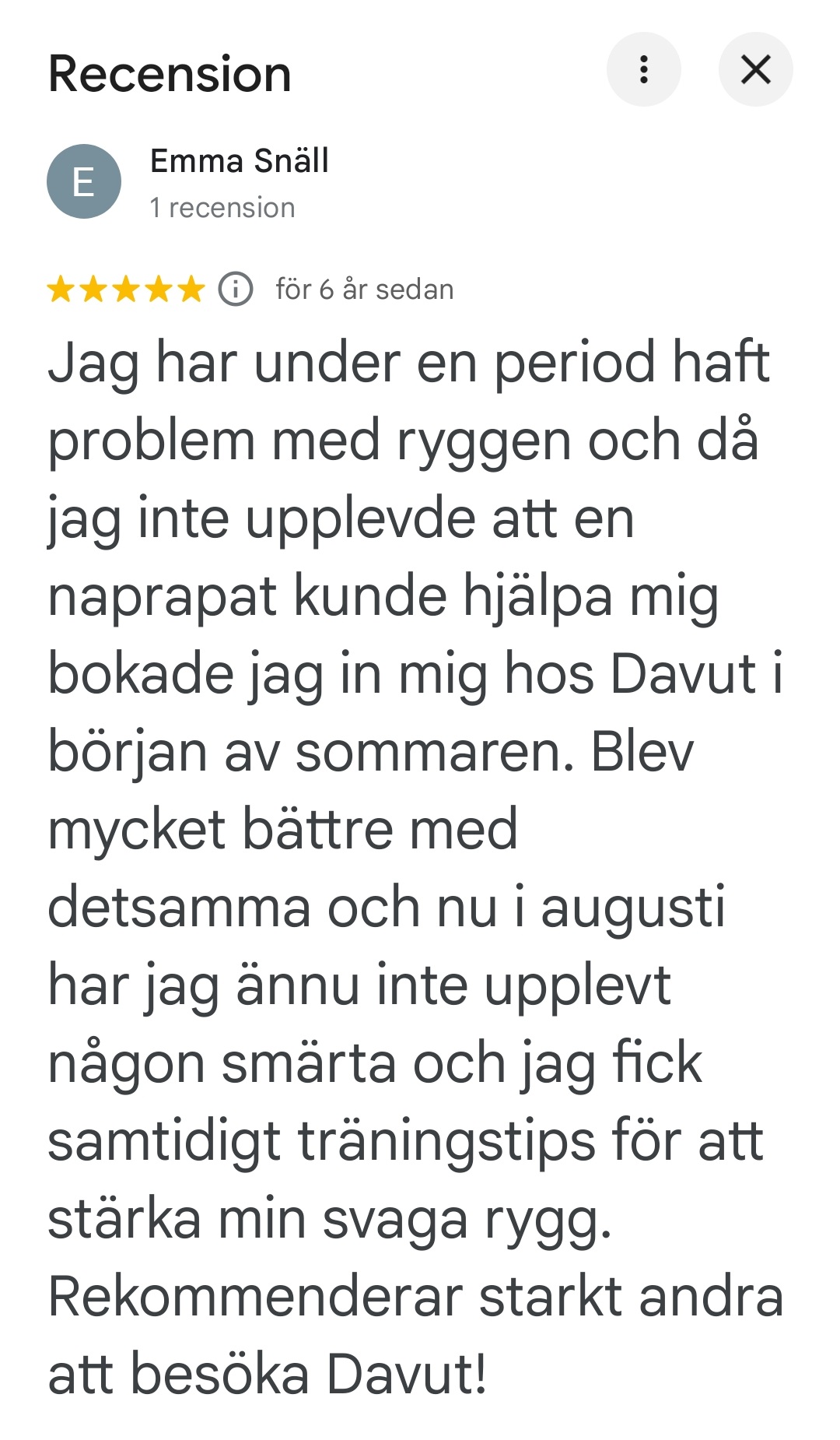Google-recension av Emma Snäll om ryggproblem, förbättring och träningstips.