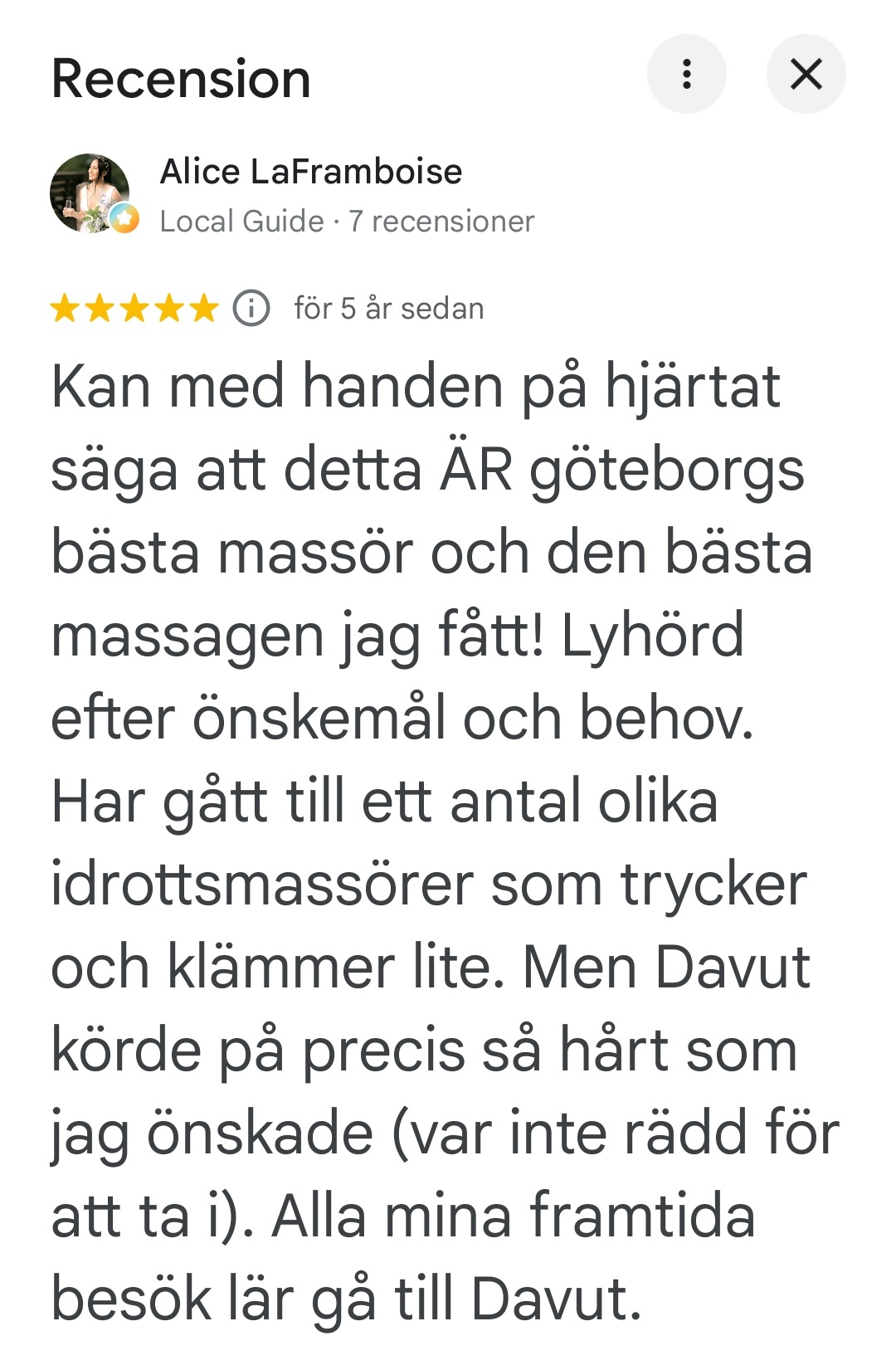 Google-recension av Alice LaFramboise om lyhörd och kraftfull massage.