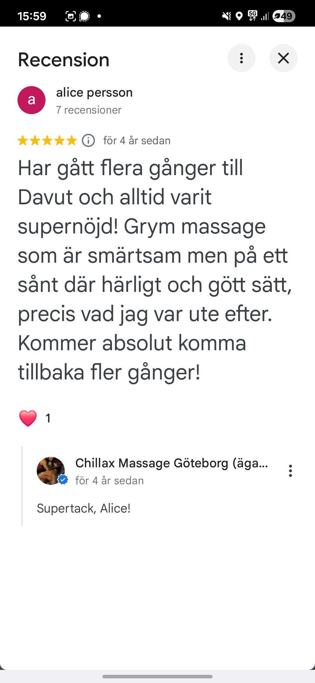 Google-recension av Alice Persson om smärtsam men härlig massage.