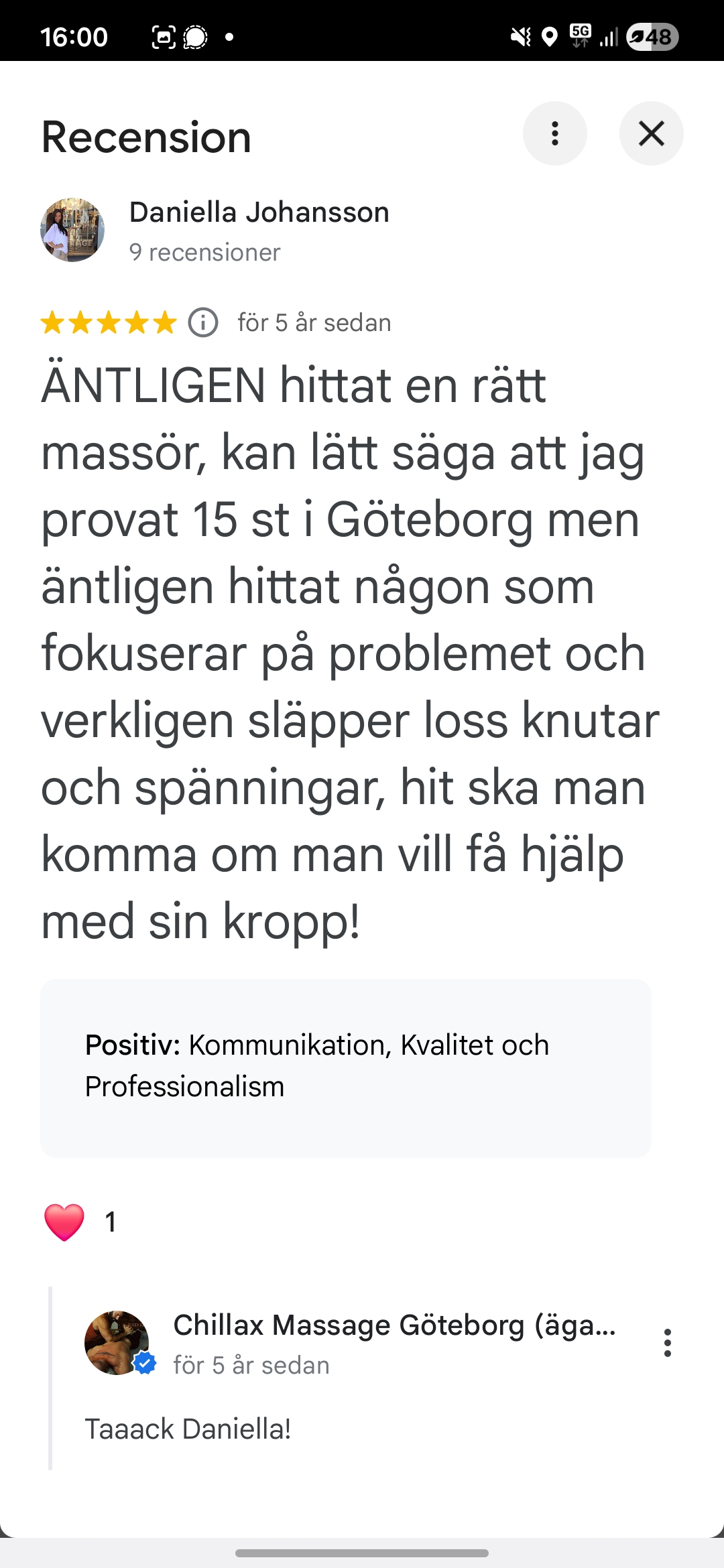 Google-recension av Daniella Johansson om knutar, spänningar och att hitta rätt massör.