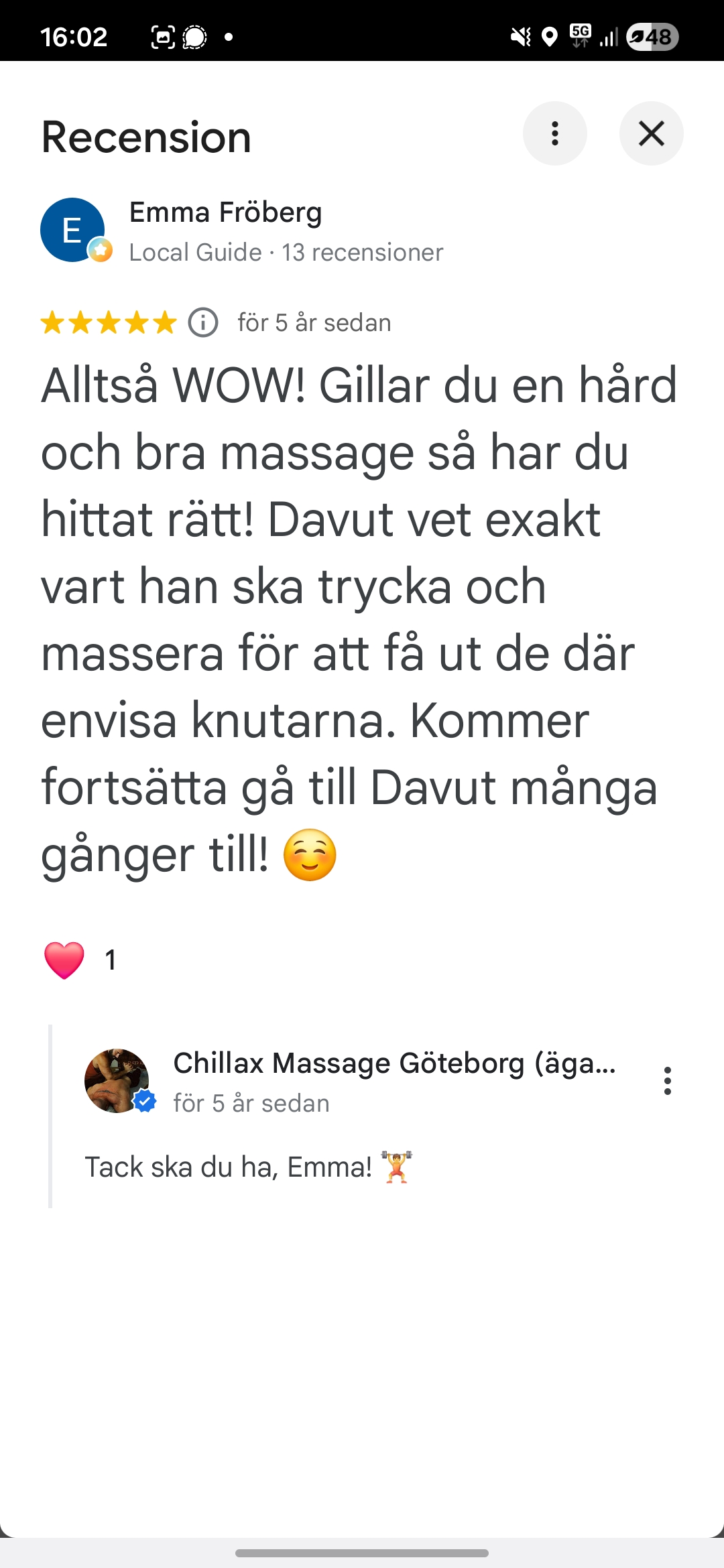 Google-recension av Emma Fröberg om hård massage och envisa knutar.