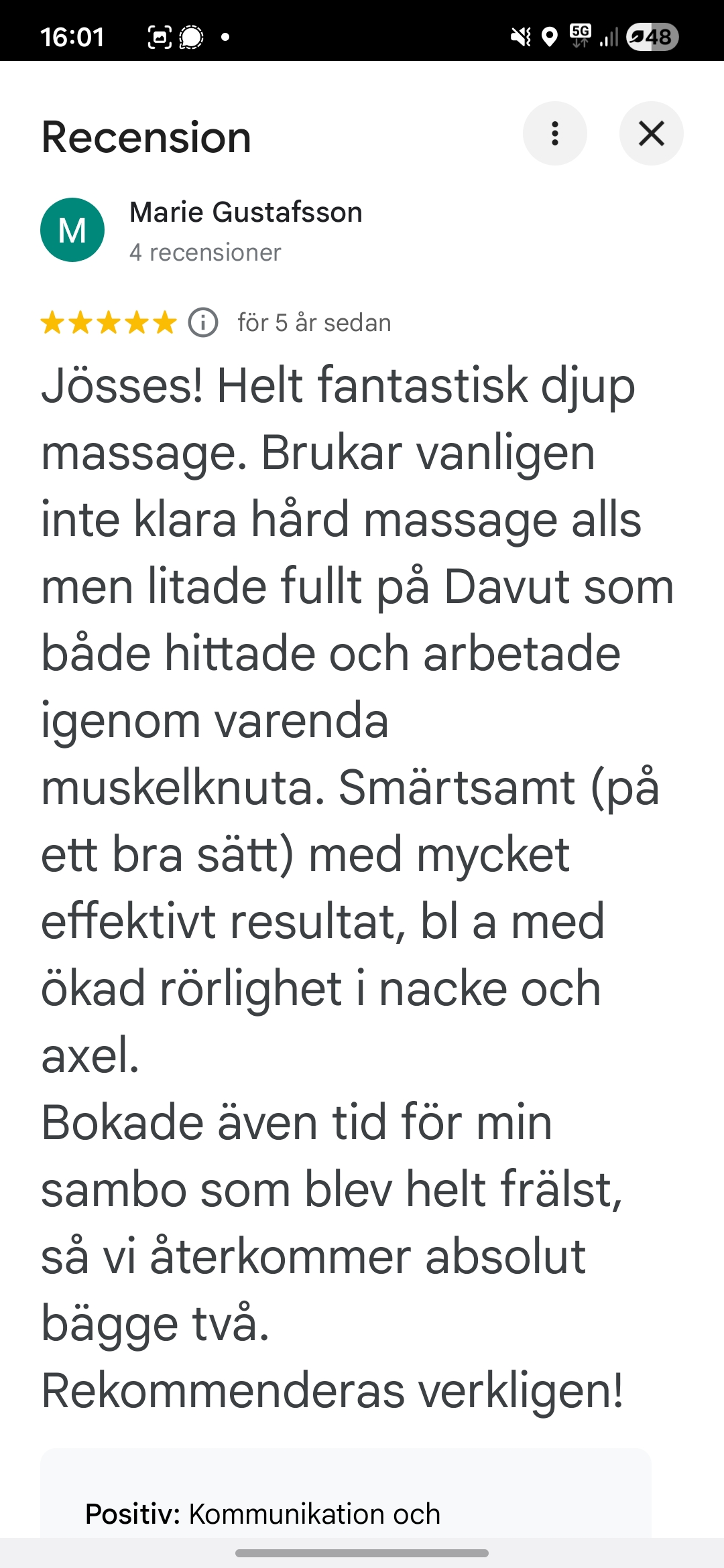 Google-recension av Marie Gustafsson om djup massage, muskelknutor och ökad rörlighet.