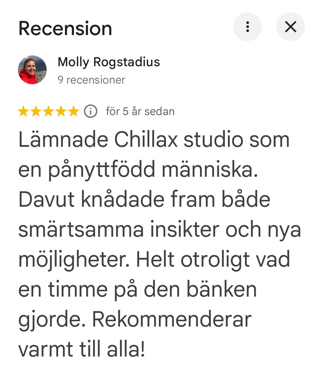 Google-recension av Molly Rogstadius om en omvälvande massageupplevelse.