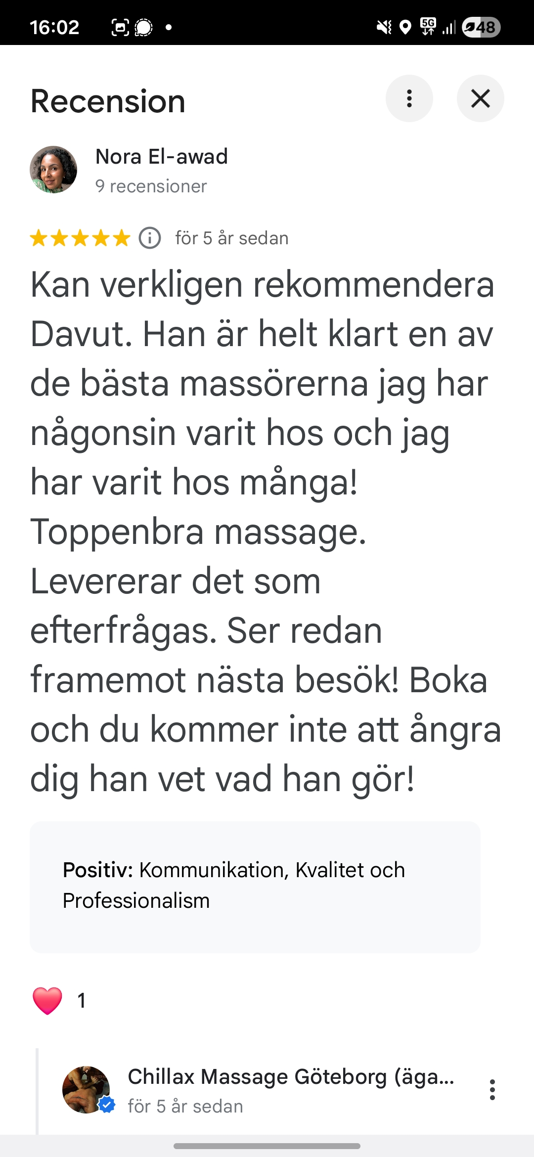 Google-recension av Nora El-awad om toppenbra massage som levererar det som efterfrågas.