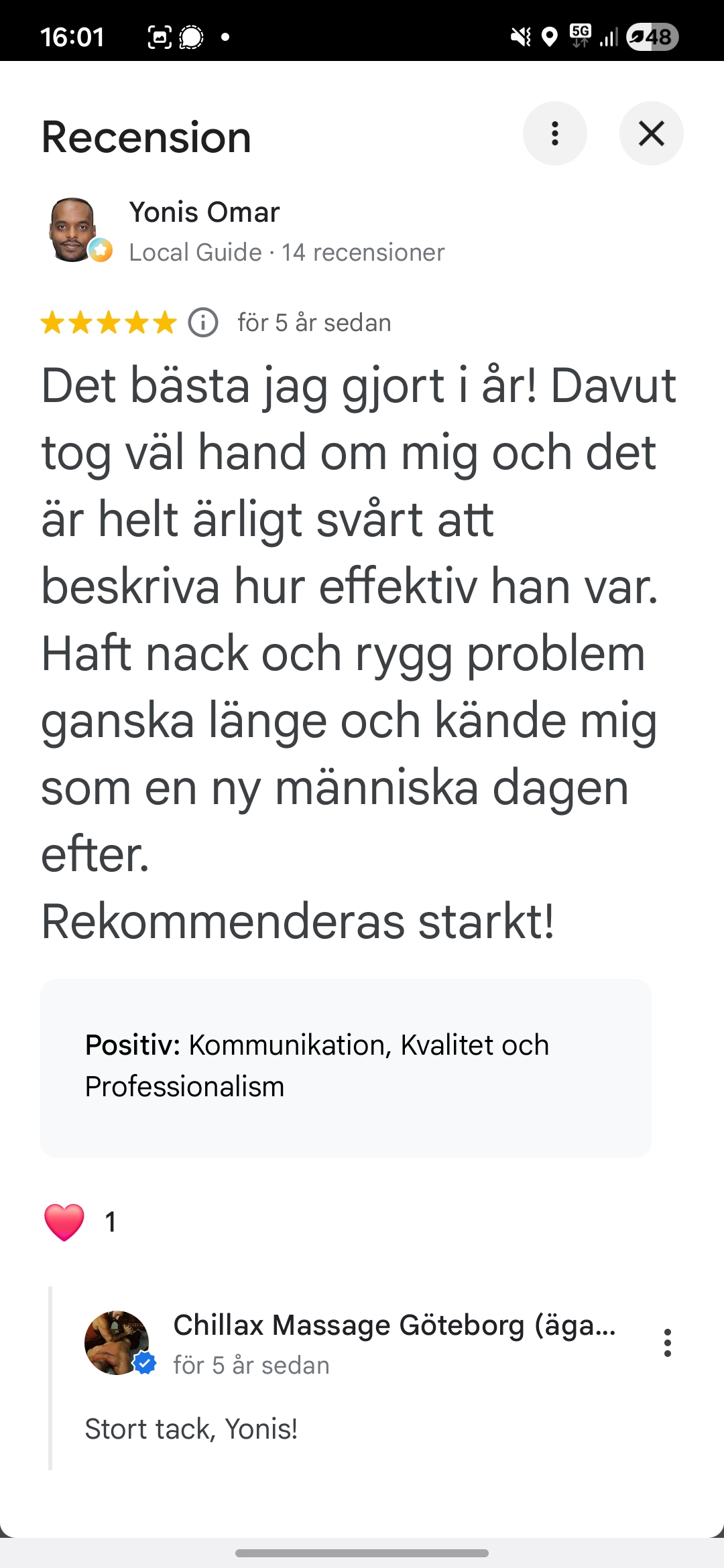 Google-recension av Yonis Omar om nack- och ryggproblem och att känna sig som en ny människa.