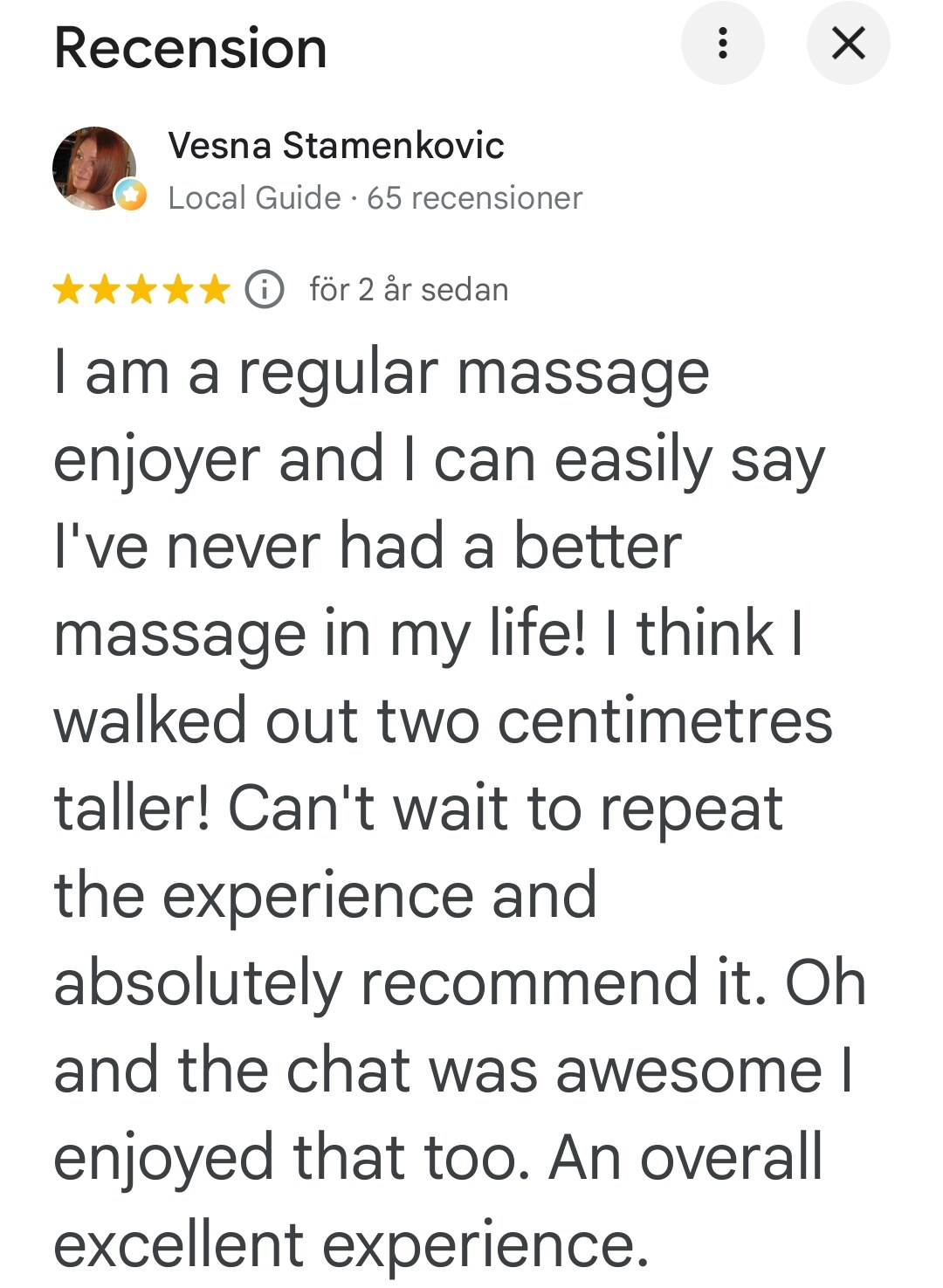 Google review by Vesna Stamenkovic praising her best massage experience.